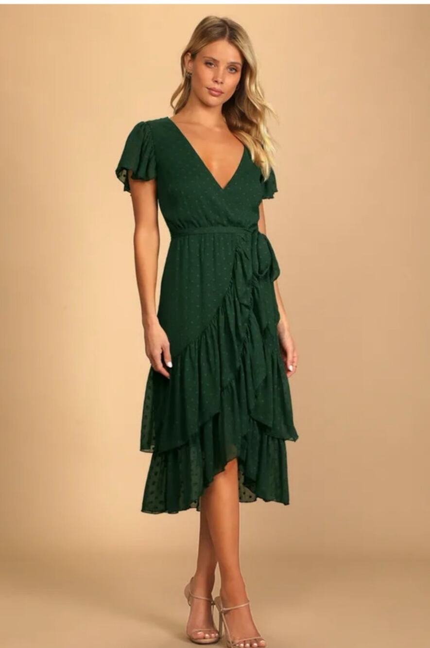Lulus NWT Have Harmony Faux Wrap Midi Dress Sz S Dark Green Swiss Dot Ruffled